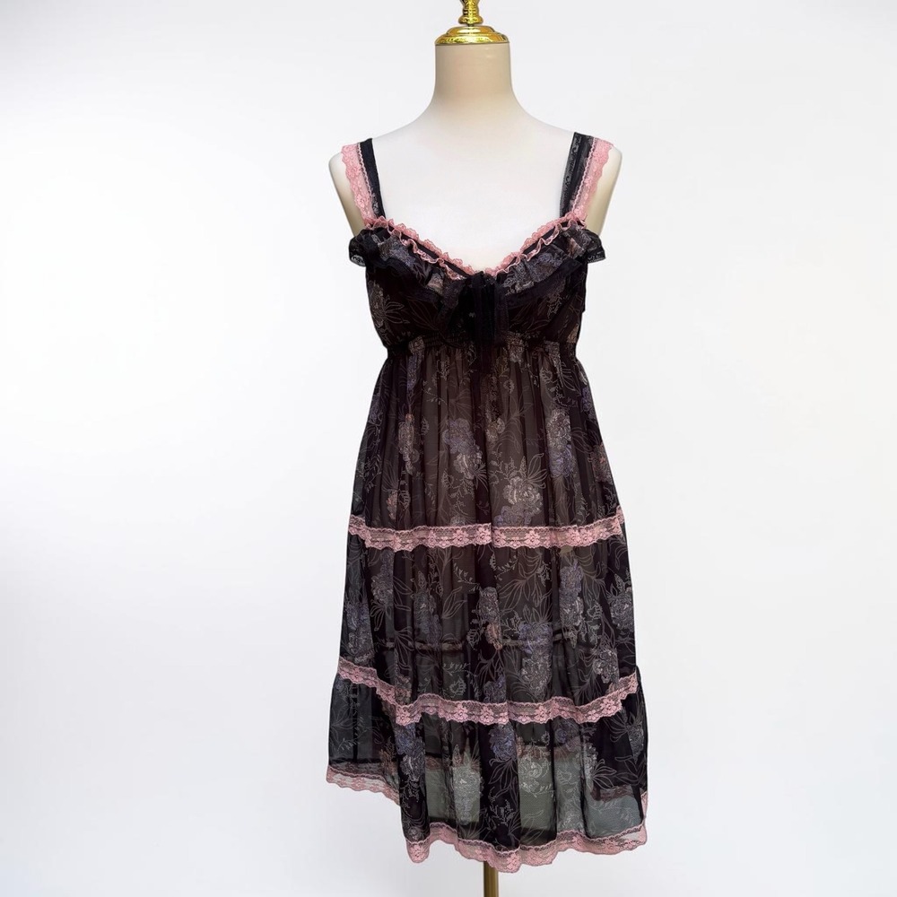 Victorias Secret Slip Dress Chemise L Black Floral Lace Babydoll Angels Y2K Mesh
